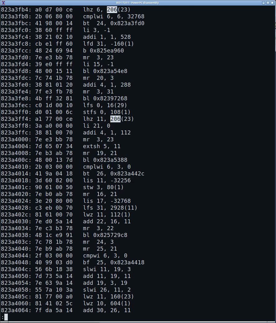 Actual BO1 TU11 PowerPC disassembly showing XModelTrace loading the collision field at byte offset 206