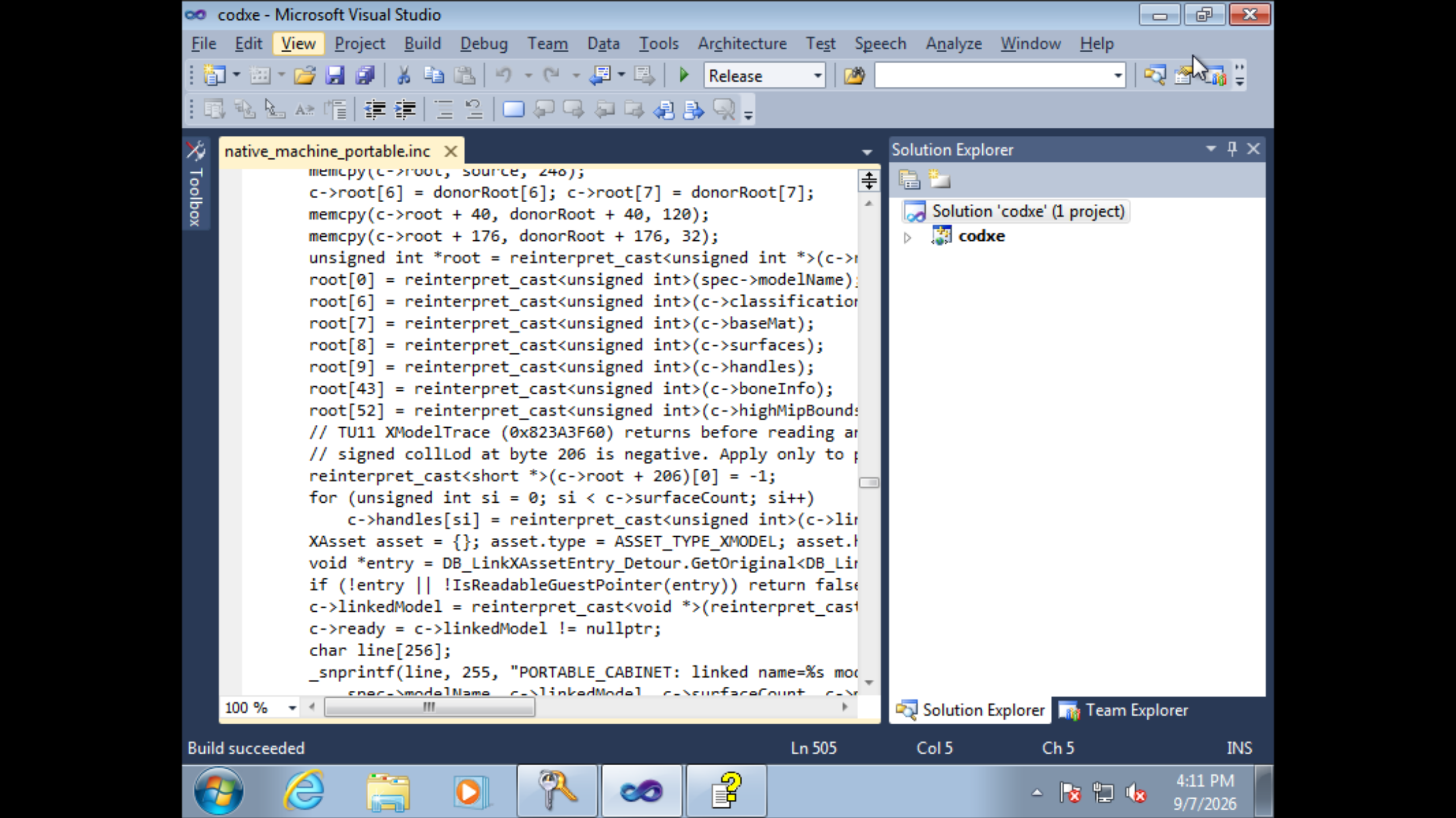 Actual Windows 7 VM with the BO1 CoD Xe plugin open in Visual Studio