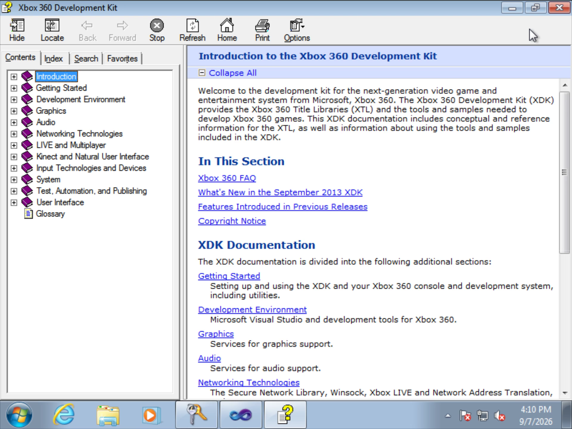 Installed Xbox 360 SDK documentation showing the September 2013 XDK reference